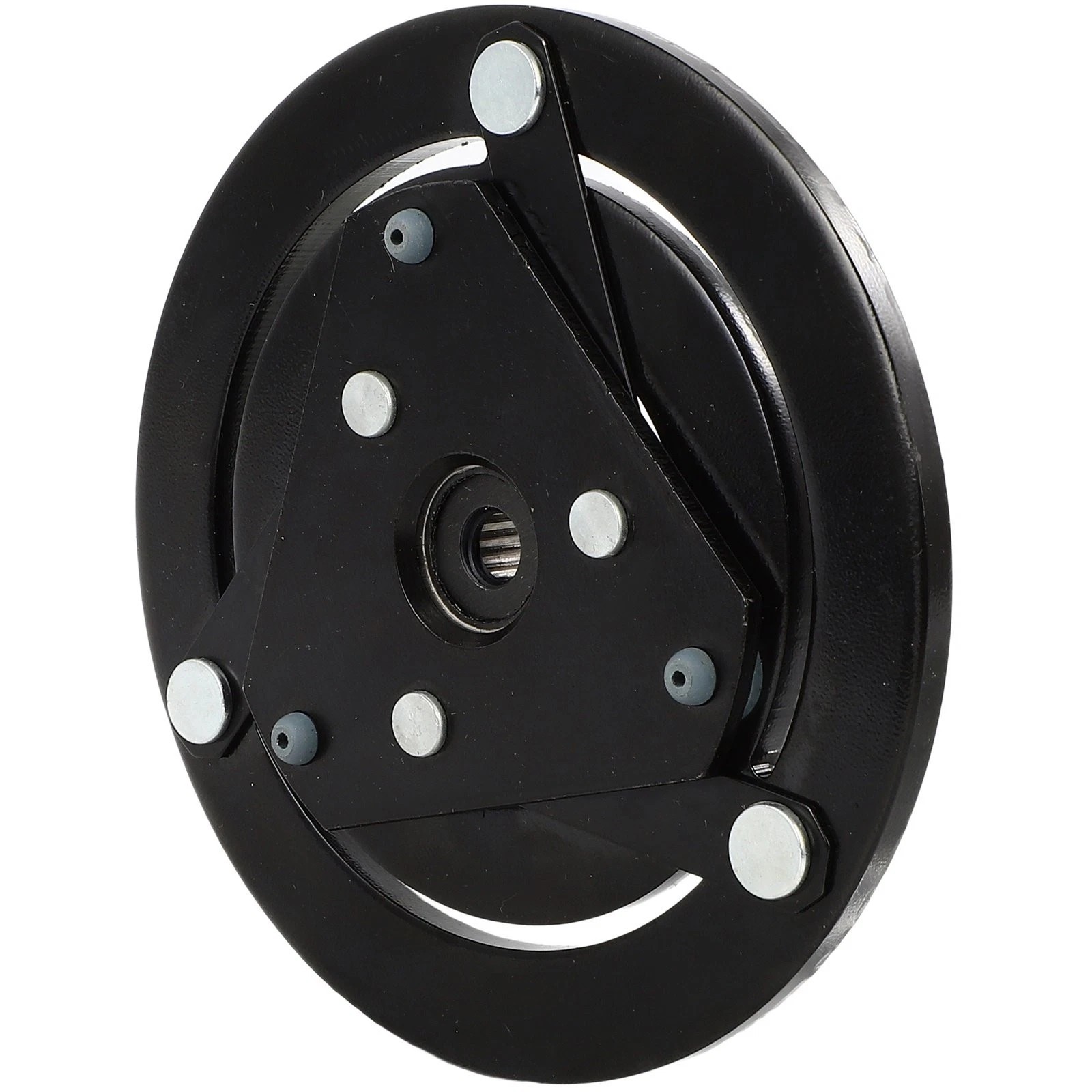 Intact A/C clutch-face reference with the center hub connected to the outer face by three attachment straps.