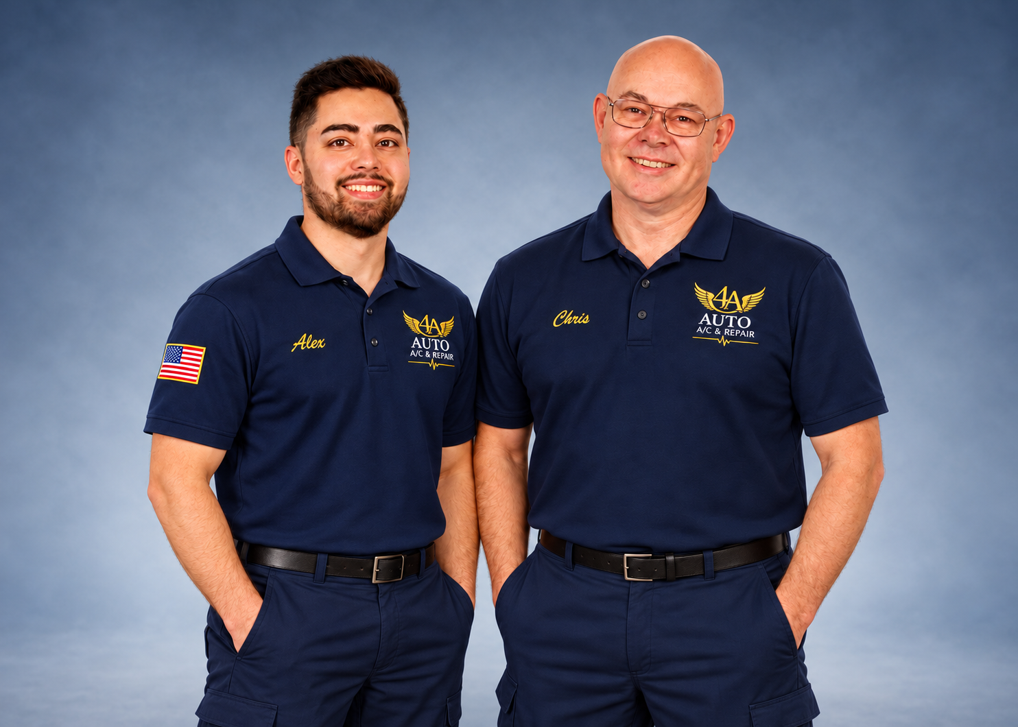 Chris and Alex of 4A Auto A/C & Repair wearing branded work shirts.