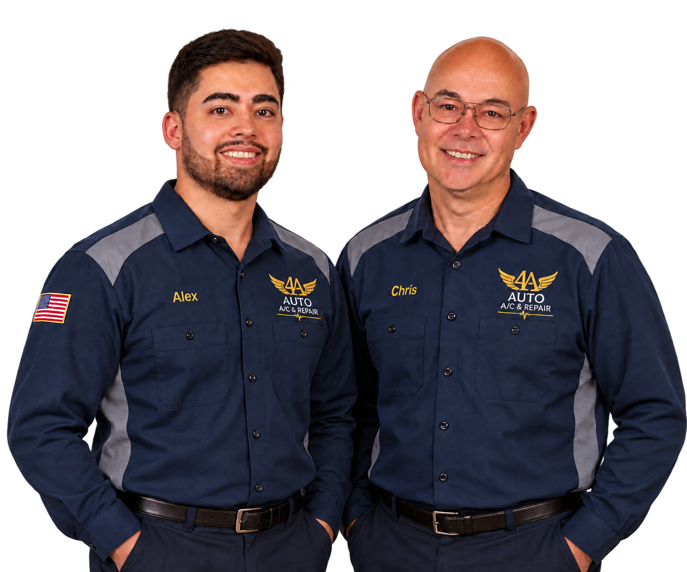 Chris and Alex of 4A Auto A/C & Repair wearing branded work shirts.